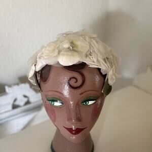 1950s Ivory Floral Headpiece with Chiffon Petals and Green Leaves
